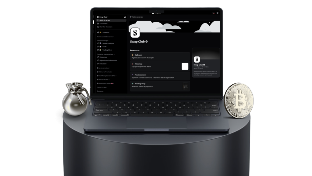 Illustration de formation trading en ligne, avec graphiques financiers et coaching personnalisé sur ordinateur