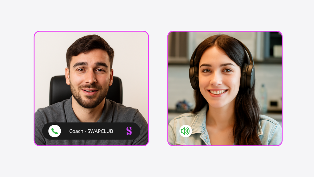 Session de visiocoaching entre un coach de trading Swapclub et un membre souriant portant un casque audio, illustrant un accompagnement personnalisé en formation trading.