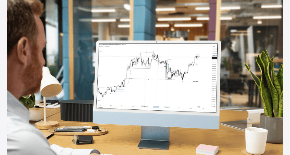 Trader analysant un graphique de prix sur un écran d’ordinateur dans un bureau moderne