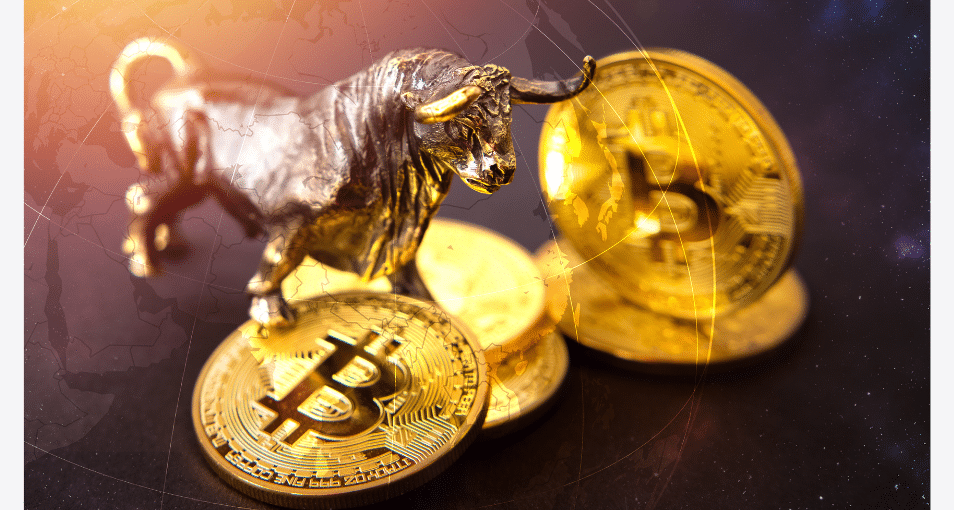 Représentation du marché haussier du Bitcoin avec une figurine de taureau et des pièces Bitcoin