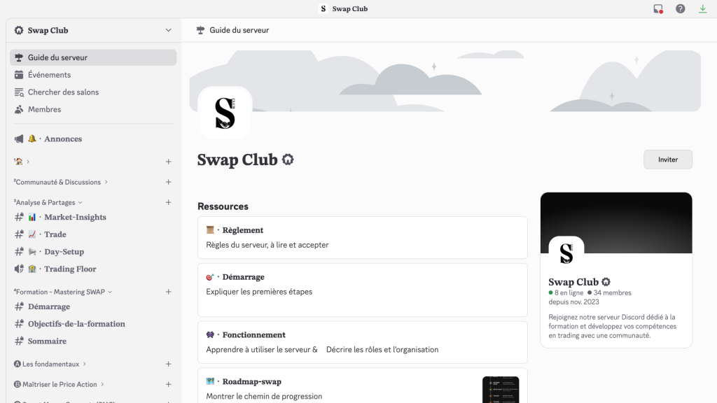 Vue du serveur Discord SWAP CLUB dédié à la formation et au trading en communauté, proposant un écosystème d’entraide et de progression pour débutants et traders expérimentés