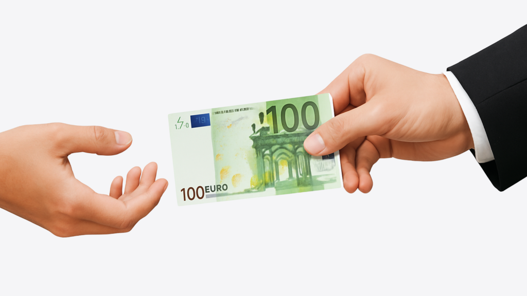 Une main tendant un billet de 100 euros à une autre main, symbolisant une récompense financière.