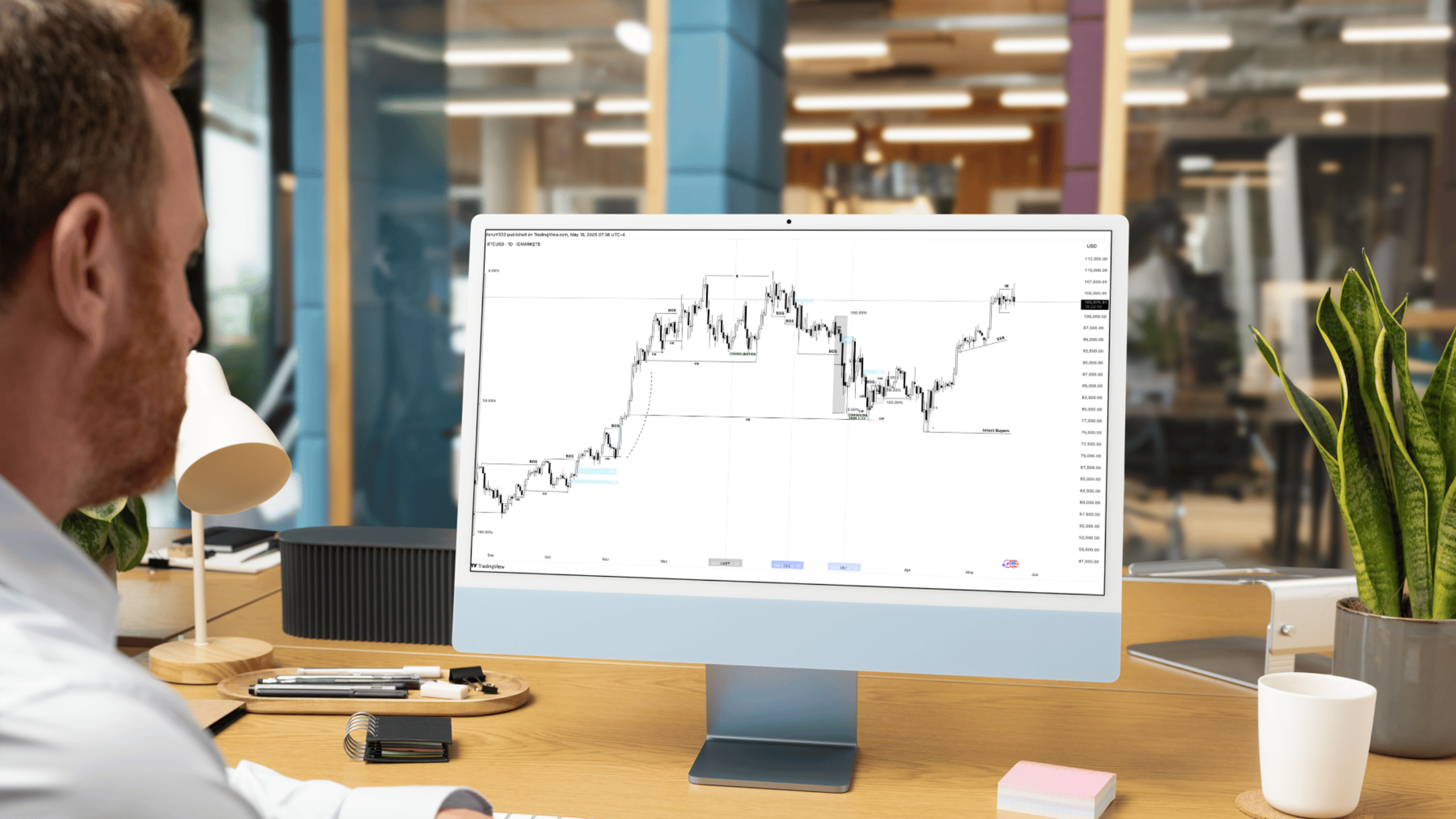 Un trader observant attentivement un graphique de prix TradingView affiché sur un écran d’ordinateur dans un bureau moderne, illustrant l’analyse technique basée uniquement sur le prix